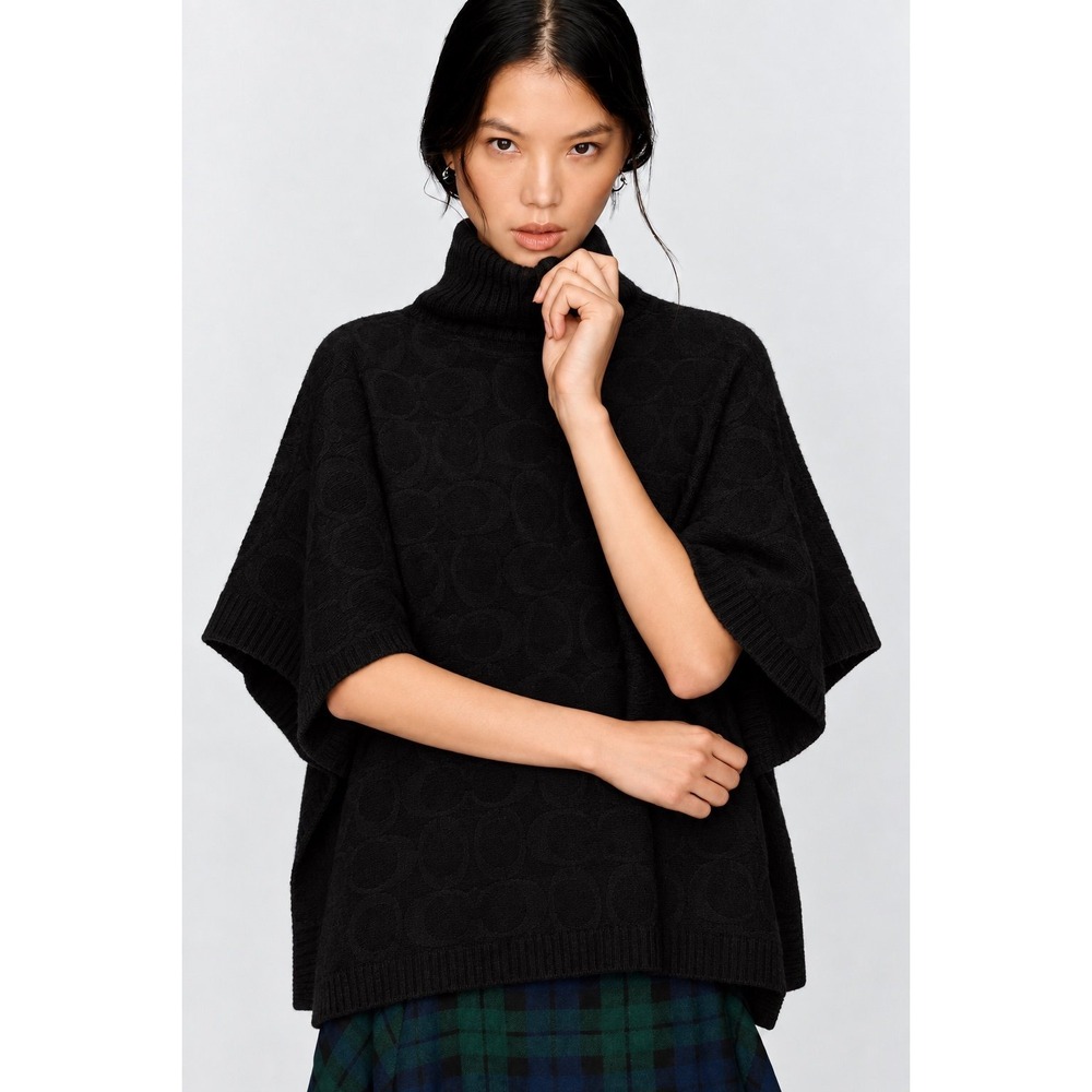 Coach Signature C Jacquard Wool Blend Turtleneck Poncho Cape Black XS/S $498